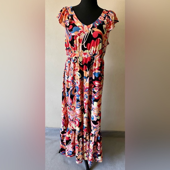 Iman Women’s Dress Black & Orange Size LP Ruffle Sleeves - Picture 1 of 5